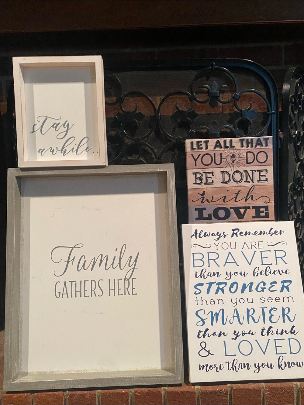 Wood Framed 'Family Gathers Here' Wall Sign - Cream & Gray